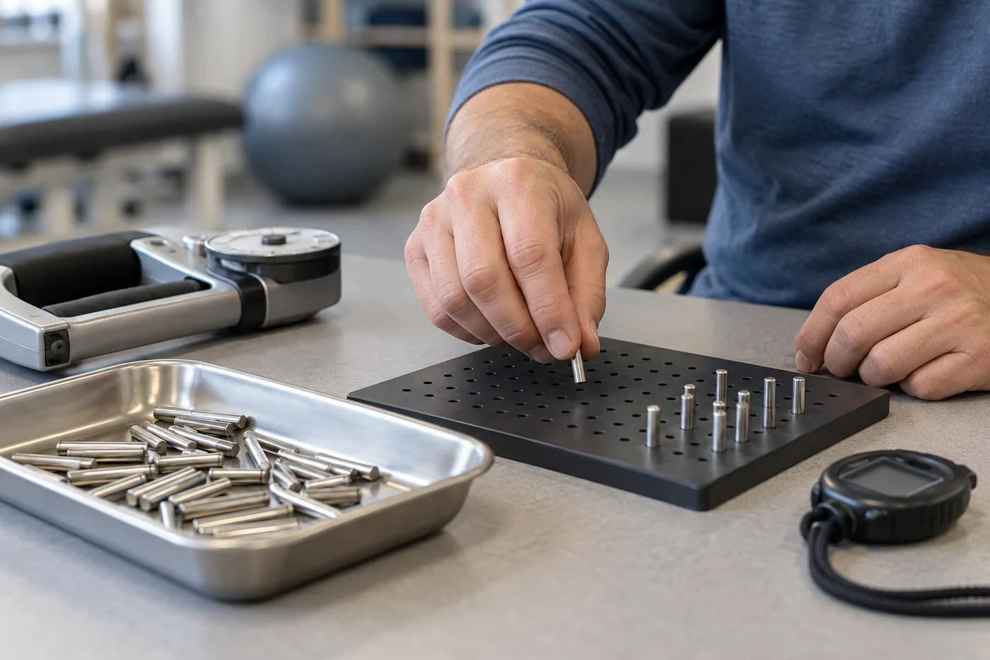 Hand placing metal pins into a pegboard during a dexterity test, beside a grip dynamometer, a tray of pins and a stopwatch