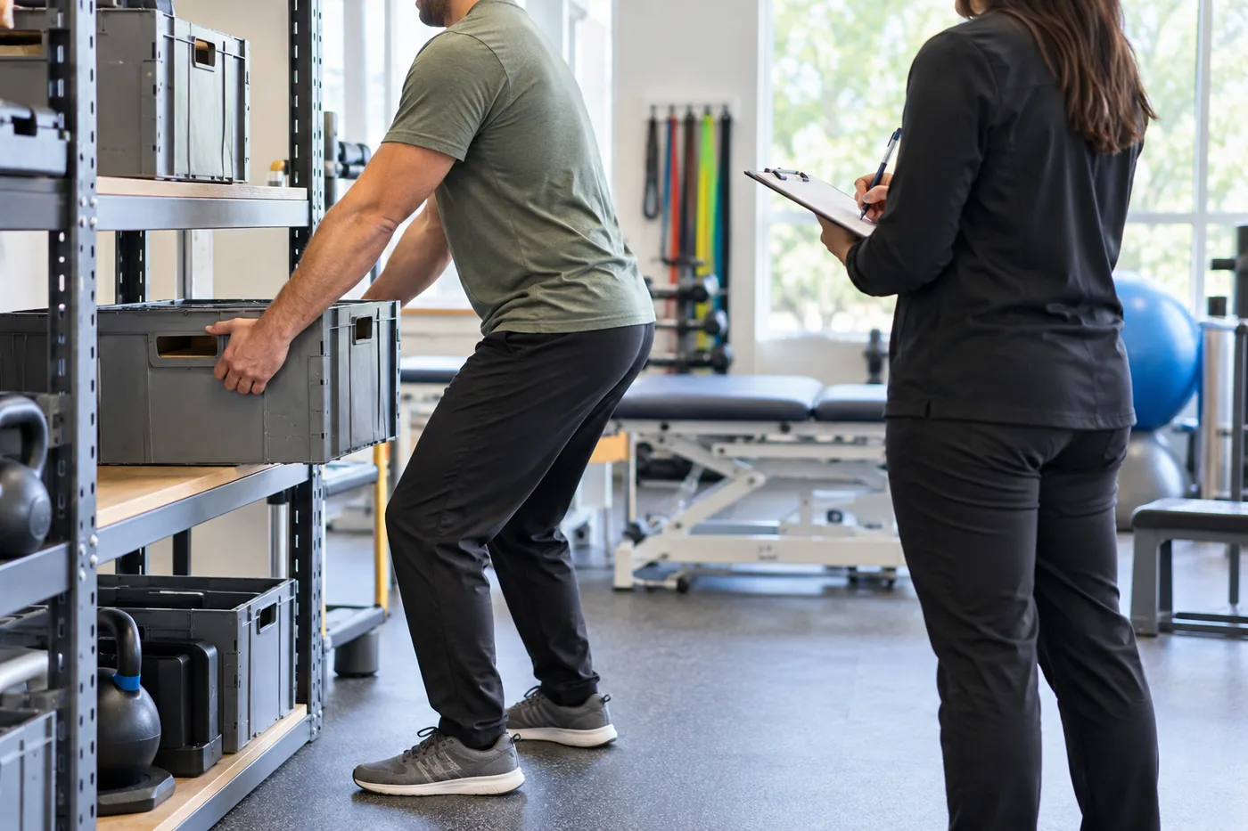 Person lifting a storage bin from a shelf while an evaluator records observations on a clipboard
