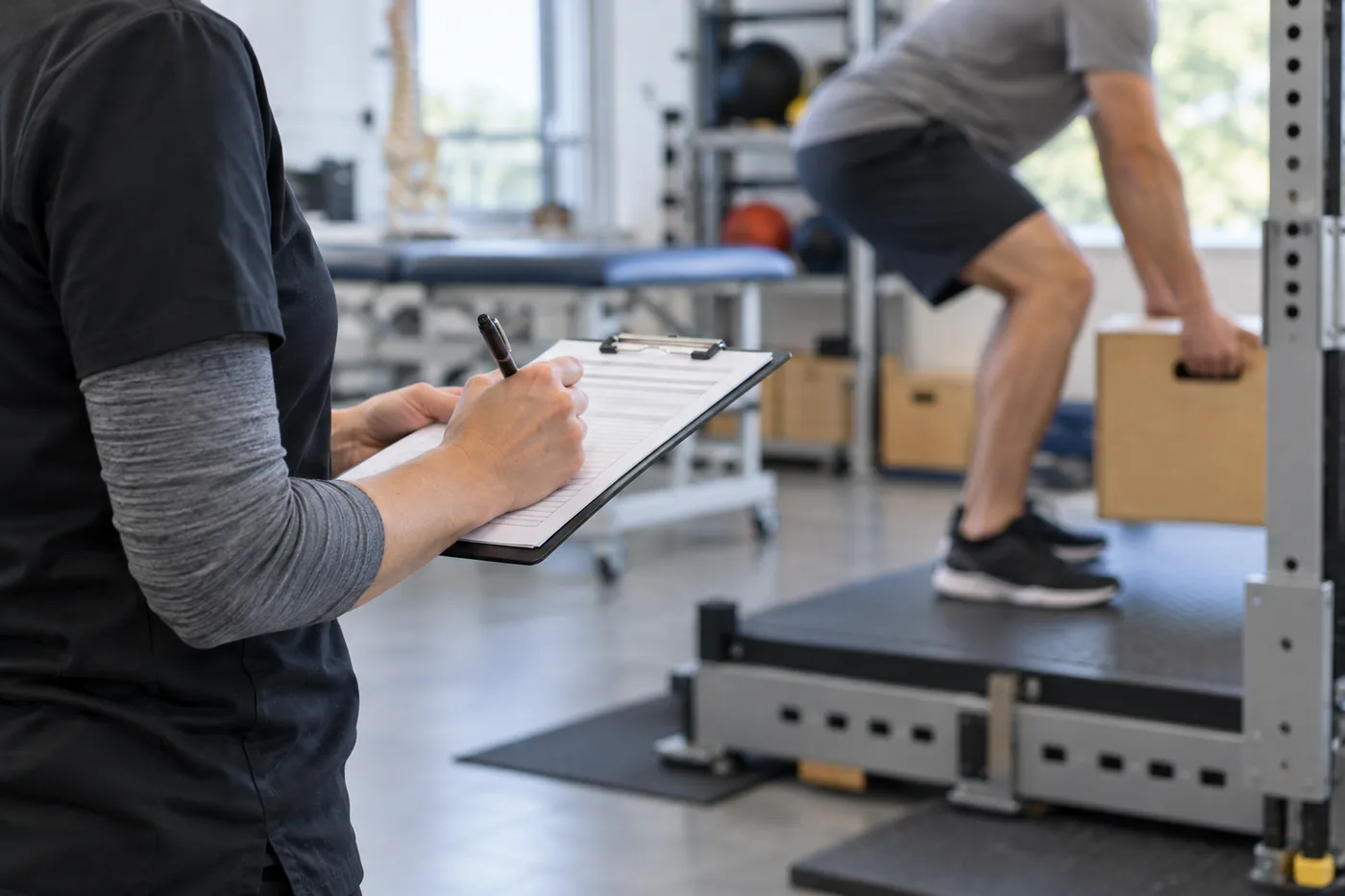 Evaluator taking notes on a clipboard while a person lifts a wooden crate at a work-simulation station